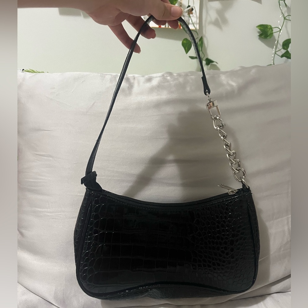 Black Faux Crocodile Skin Shoulder Bag with Chain Link Strap